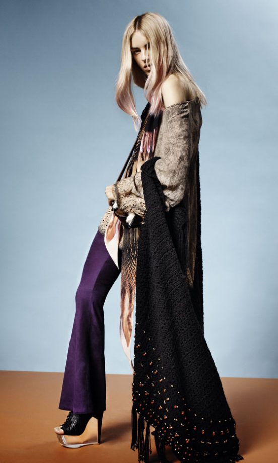 Topshop Snake Knitted Wrap With Bead Detail, Purple Flare Trousers And Black And Perspex Wedges