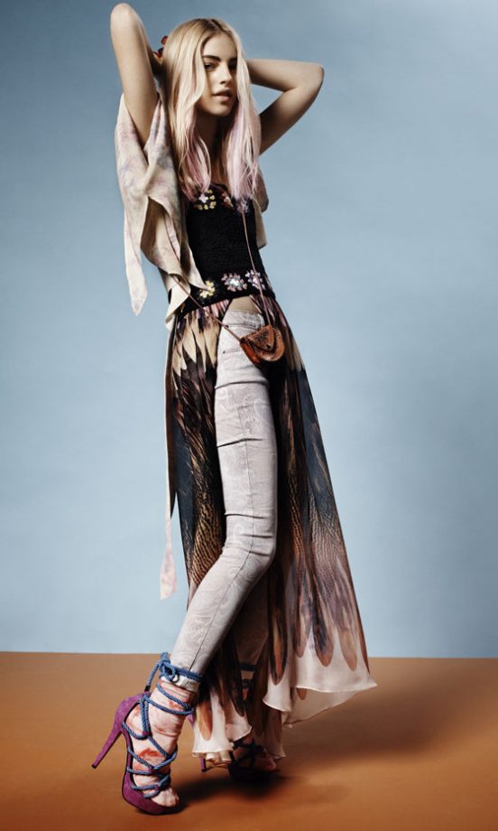 Topshop Feather Print Maxi Dress, Printed Jeans, Rope Tie Shoes And Cross Body Purse