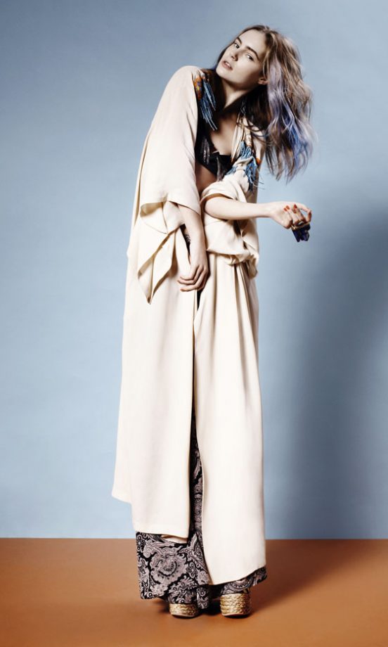 Topshop Cream Robe, Paisley Palazzo Trousers And Rope Detail Wedges