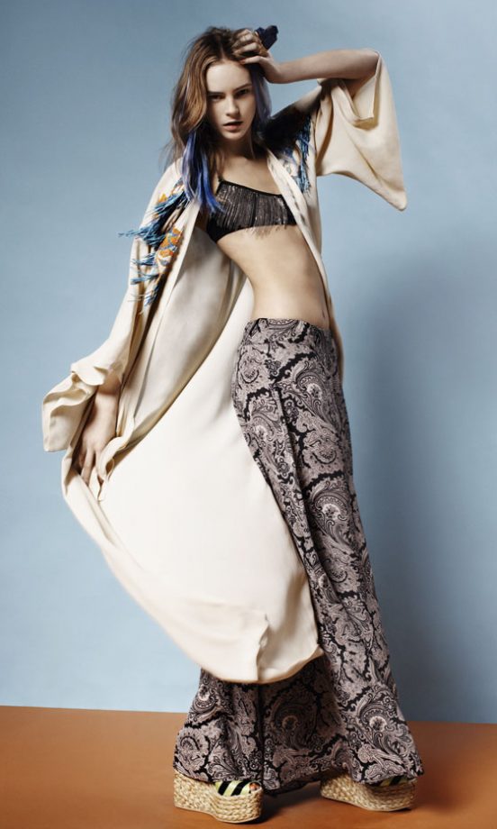 Topshop Cream Robe With Feather Trim, Chain Detail Bra, Paisley Palazzo Trousers And Rope Detail Wedge