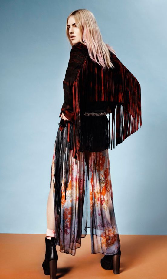 Topshop Red Fringe Jacket, Printed Palazzo Trousers And Wooden Heel Boots