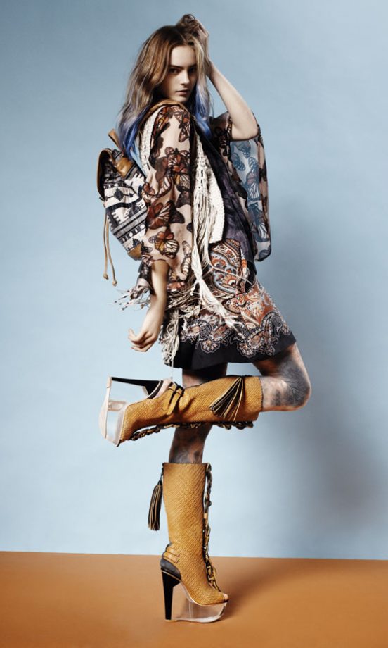Topshop Butterfly Tunic, Crochet Waistcoat, Printed Leggings, Tan Boots With Perspex Heel And Aztec Rucksack