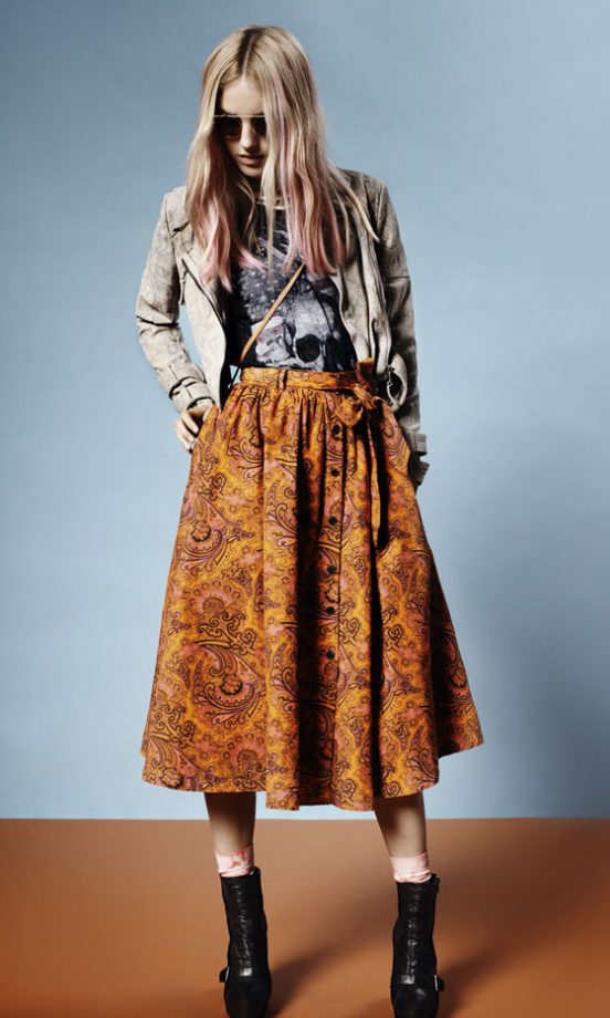 Topshop Skull Print Tee, Bleached Biker Jacket, Paisley Print Midi Skirt And Black Ankle Boots