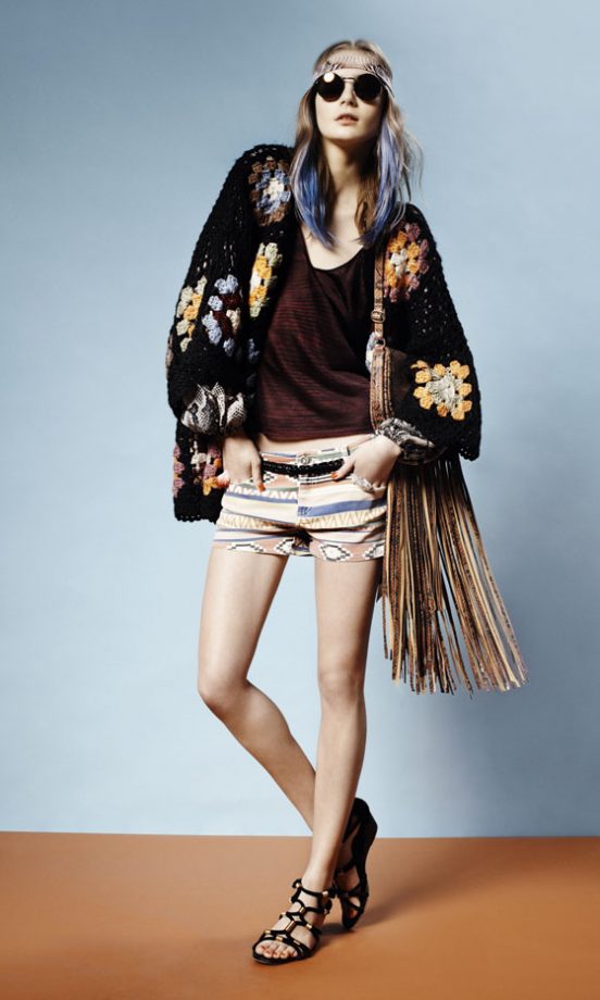 Topshop Oversized Crochet Cardigan, Aztec Print Shorts, Rope And Metal Sandals, Fringe Bag And Round Sunglasses