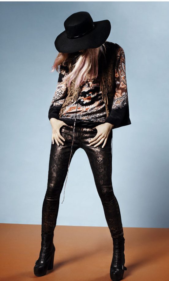 Topshop Paisley Print Top, Snake Effect Leggings, Black Ankle Boots And Wide Brimmed Hat