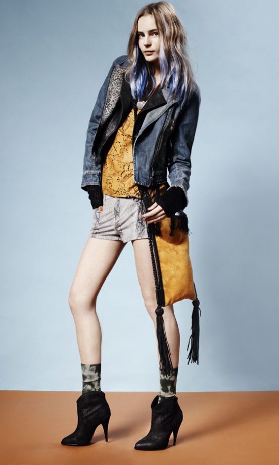 Topshop Denim Biker Jacket, Cut Out Top, Snake Print Shorts, Ankle Boots And Tassel Cross Body Bag