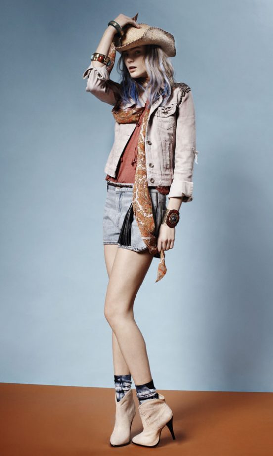 Topshop Embellished Denim Jacket, Denim Skirt With Tassel Belt, Paisley Print Scarf And Ankle Boots