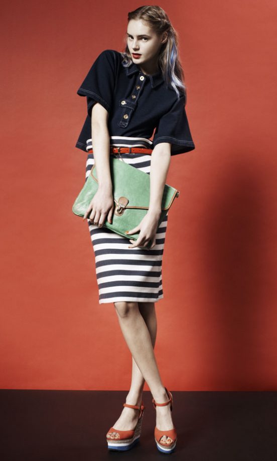 Topshop Denim Shirt With Bell Sleeves, Stripe Pencil Skirt, Red Wedges And Green Oversized Envelope Clutch