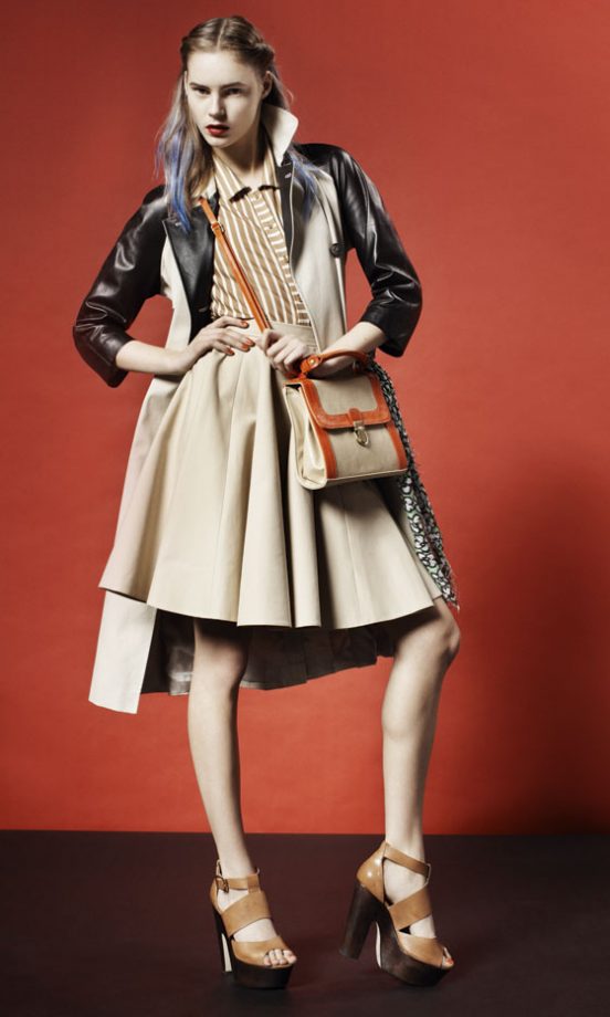 Topshop Trench Coat With Leather Detail, Full Skirt, Stripe Shirt, £20, Satchel With Contrast Orange Trim And Tan Block Heels