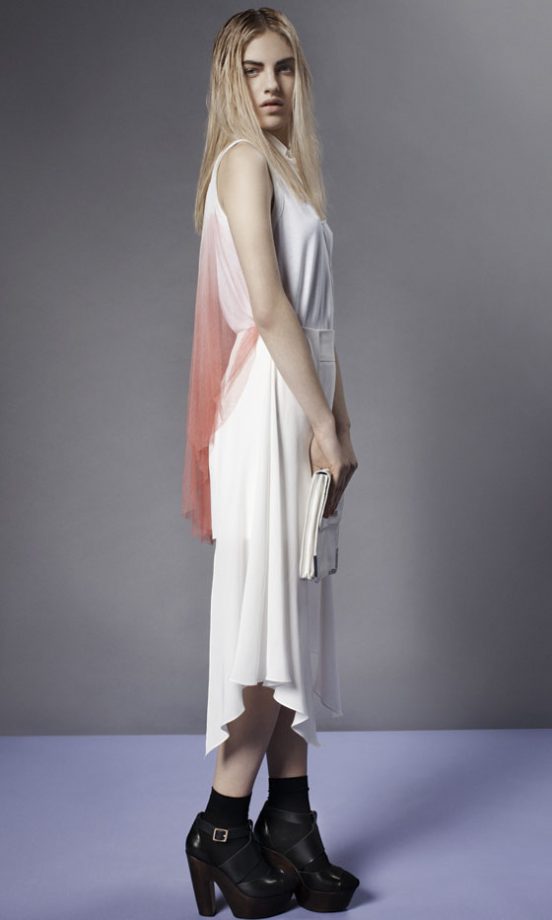 Topshop White Blouse With Pink Cape Back, Waterfall Skirt And Black Ankle Boots