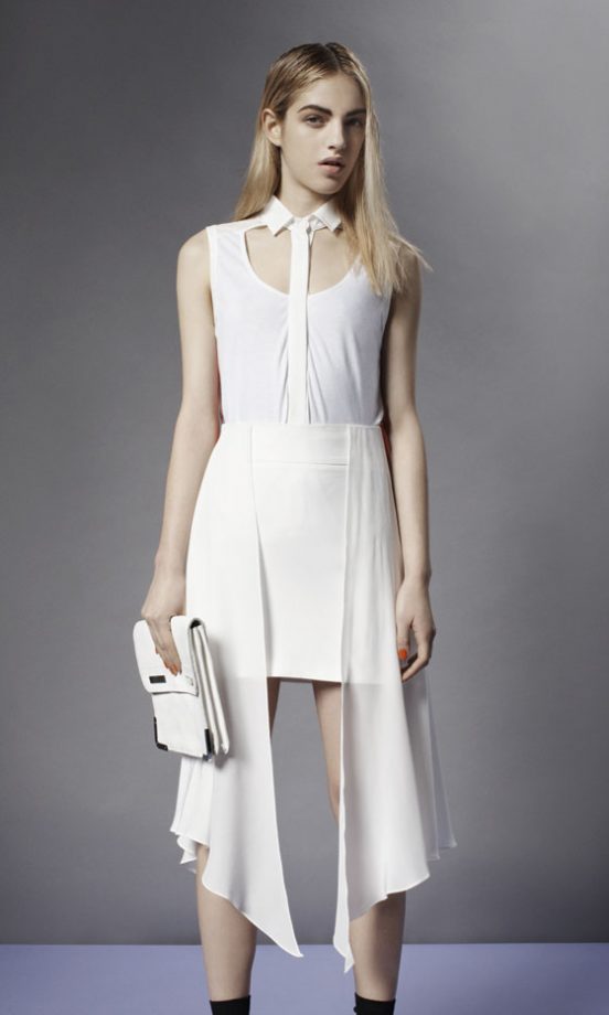 Topshop Waterfall Skirt And Collar Detail Accessory, White Vest, Envelope Clutch And Ankle Boots