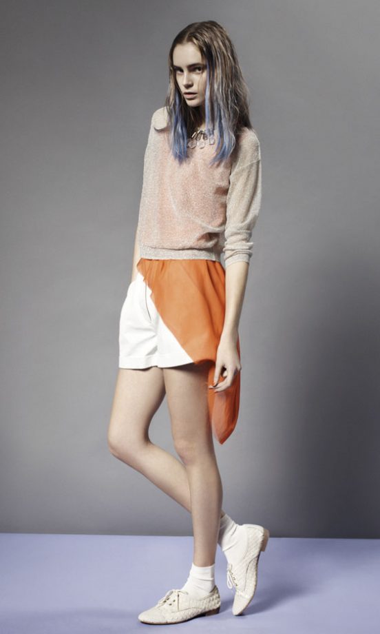 Topshop Orange Asymmetric Blouse, Sheer Embellished Jumper, White Shorts And Plaited Brogues