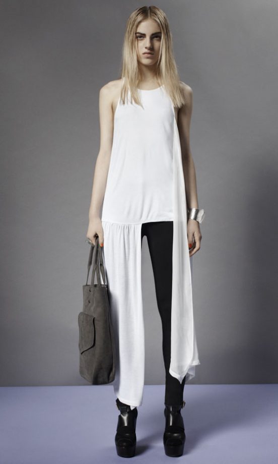 Topshop Waterfall Panel Vest, Black Leggings, Black Ankle Boots And Suede Shopper Bag