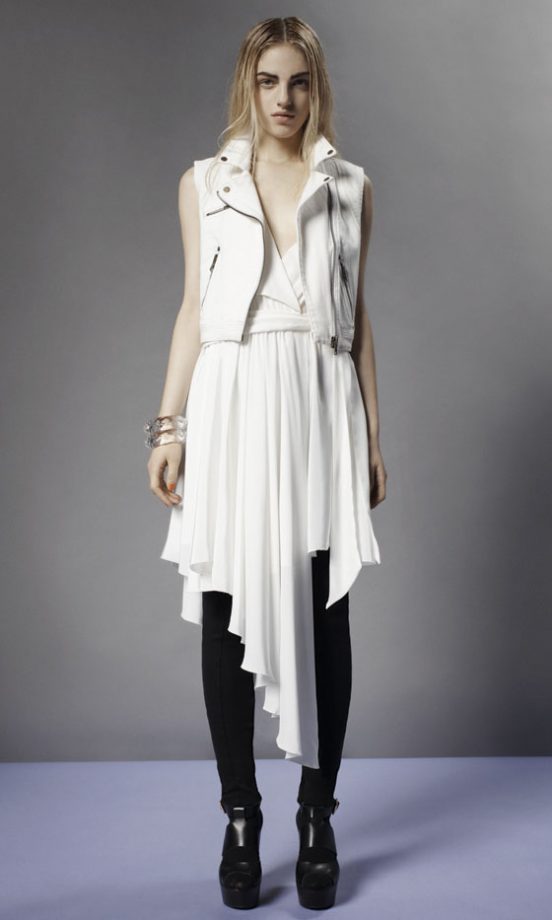 Topshop White Asymmetric Hem Waterfall Dress, White Biker Waistcoat, Black Leggings And Black Boots
