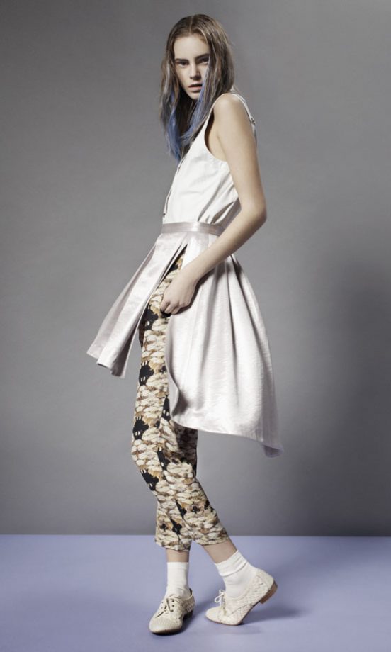 Topshop Full Skirt Dress With Cut Out Detail, Cropped Print Trousers And Plaited Brogues