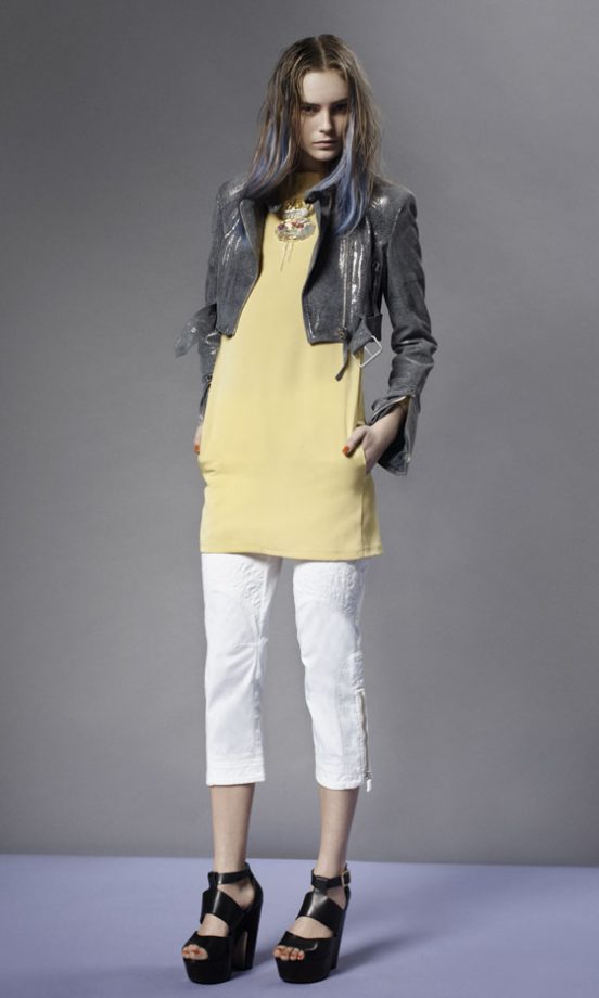 Topshop Cropped Biker Jacket, Yellow Pocket Dress, Cropped Trousers With Zip Detail And Black Platform Shoes