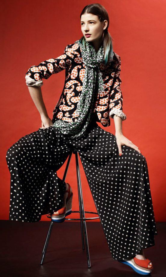 Topshop Black And Orange Print Blazer, Green Spot Scarf, Polka Dot Palazzo Trousers And Red Wedges