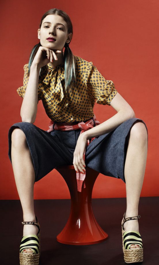 Topshop Yellow Print Blouse With Tie Detail, Wide Leg Denim Shorts And Striped Green Raffia Wedges
