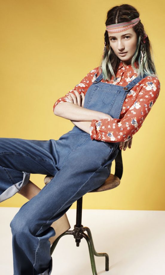 Topshop Wide Leg Denim Dungarees, Floral Print Shirt And Plaited Headband