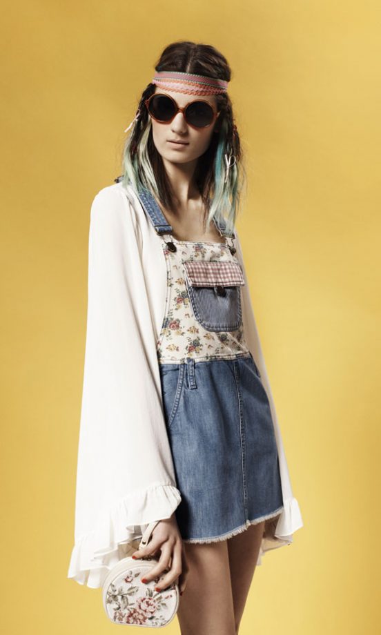 Topshop Bell Sleeve Dress Worn With Floral And Denim Dungaree Dress, Round Sunglasses And Floral Clutch