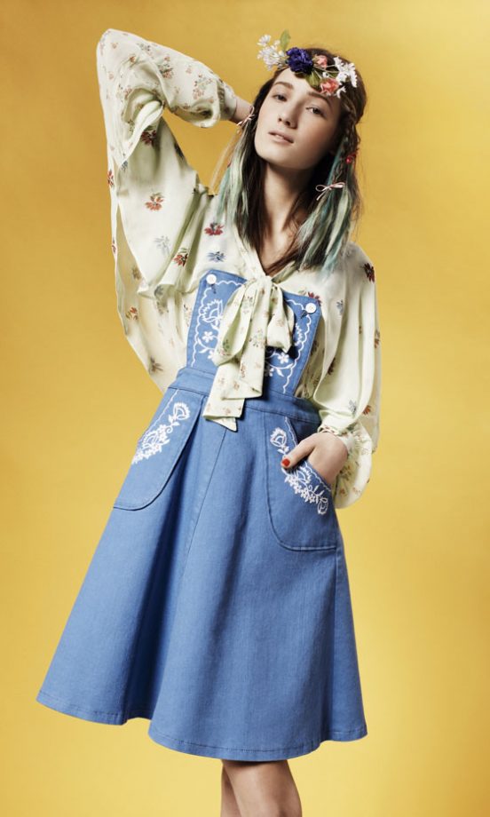 Topshop Floral Blouse With Tie Detail And Cape Back And Denim Pinafore Dress