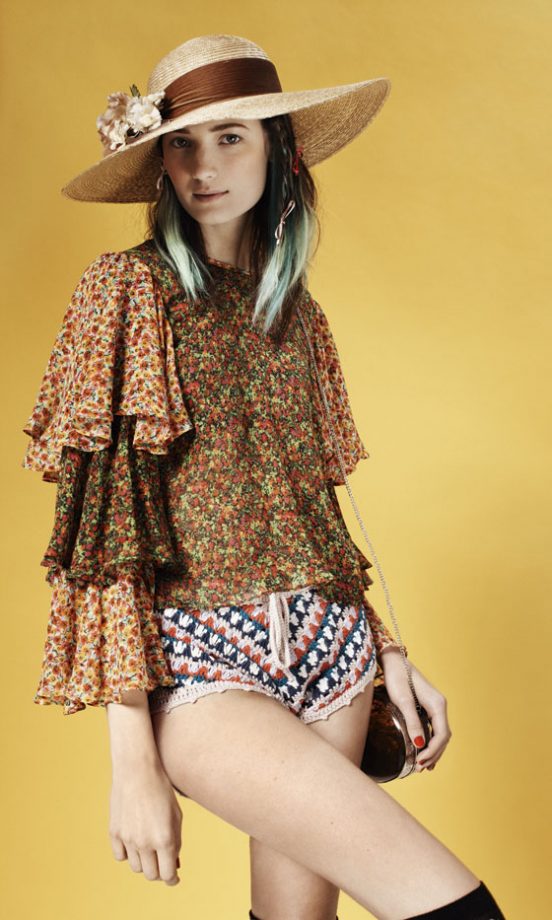 Topshop Floral Layered Bell Sleeve Top, Crochet Shorts And Wide Brimmed Straw Hat With Corsage