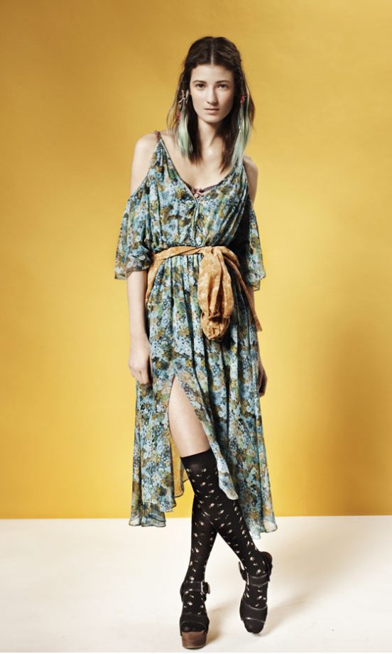 Topshop Green Off The Shoulder Dress With Scarf Tie Belt, Floral Print Over The Knee Socks And Wedge Sandals