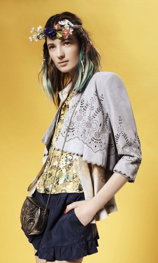 Topshop Laser Cut Cropped Blazer, Floral Print Blouse, Frill Detail Shorts And Cross Body Bag