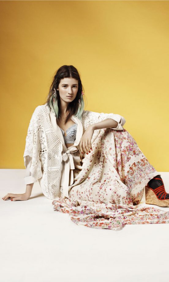 Topshop Oversized Knit Cardigan, Denim Ruffle Bra Top, Floral Print Maxi Skirt And Cork Wedges