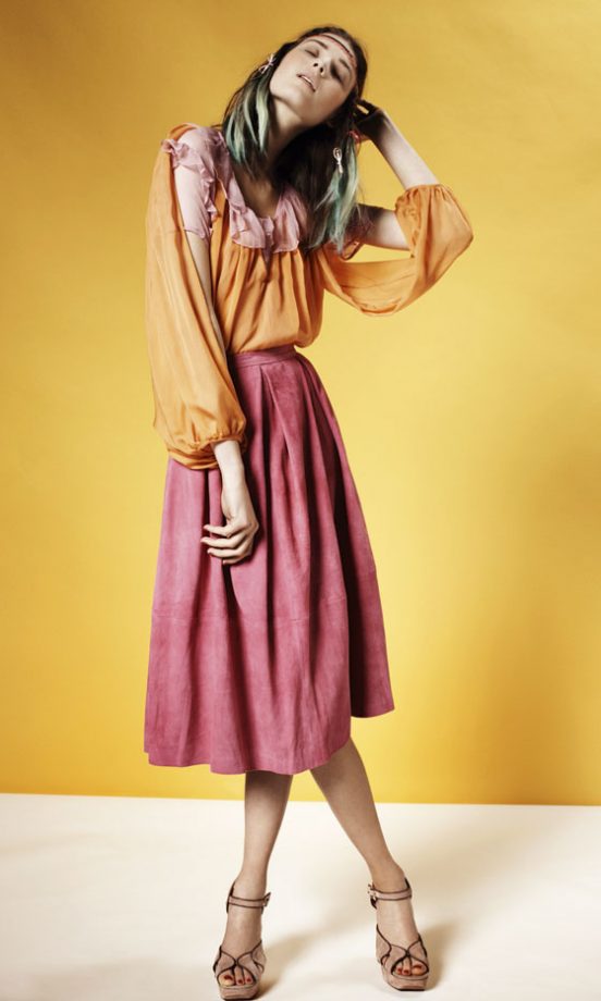 Topshop Orange And Pink Slash Detail Blouse, High Waisted Midi Skirt And Suede Detail Buckle Shoes