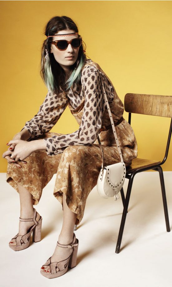 Topshop Printed Blouse, Floral Print Jumpsuit, Stud Detail Body Bag And Suede Platform Shoes