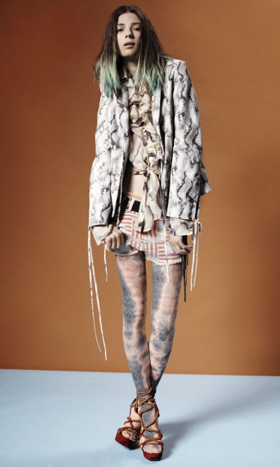 Topshop Ruffle Blouse, Snake Print Blazer, Geometric Shorts, Tie Dye Leggings And Rope Detail Sandals