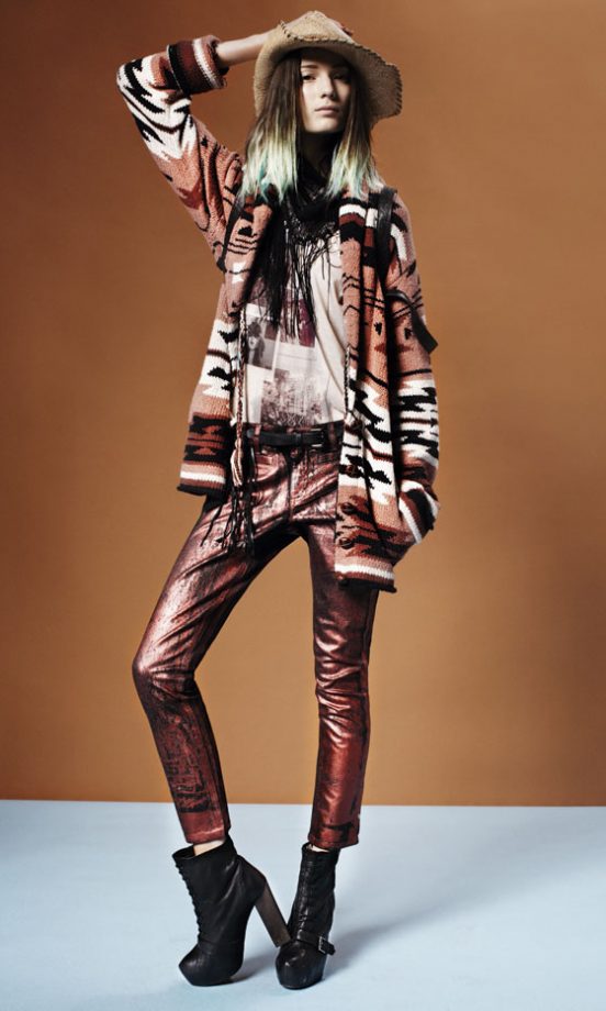 Topshop Polaroid Print Top, Aztec Oversized Cardigan, Snake Effect Trousers, Ankle Boots And Straw Hat