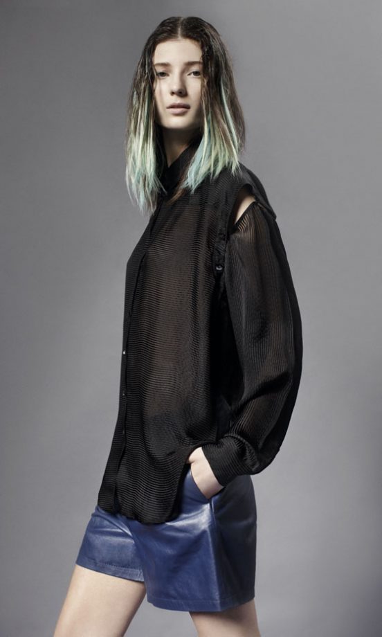 Topshop Sheer Black Shirt With Cut Out Detail And Blue Leather Shorts