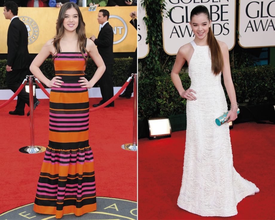 Hailee Steinfeld on the red carpet wearing Prada at The Screen Actors Guild 2011 and Prabal Gurung at The Golden Globes 2011