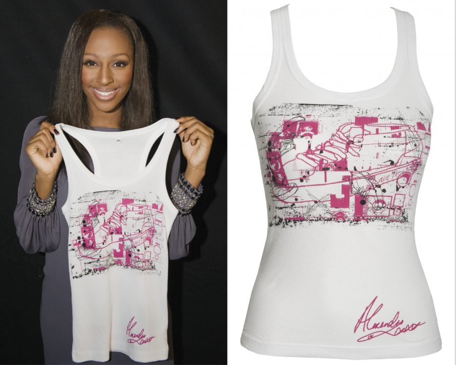 Alexandra Burke shows off the t-shirt she has designed for the Race For Life 2011, in aid of Cancer Research UK