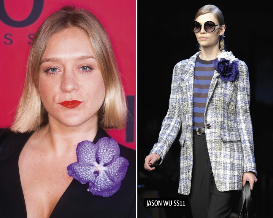 Chloe Sevigny wearing a corsage on the red carpet and a model on the SS/11 Jason Wu catwalk
