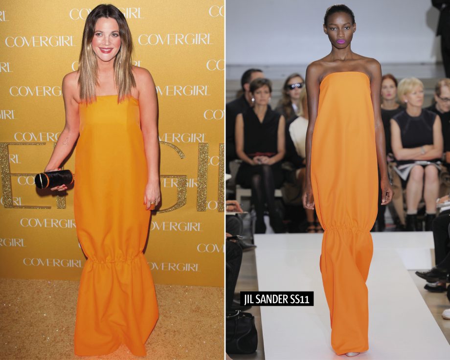 Drew Barrymore wearing a Jil Sander dress on the red carpet, left, a model wearing the same dress on the Jil Sander SS/11 catwalk