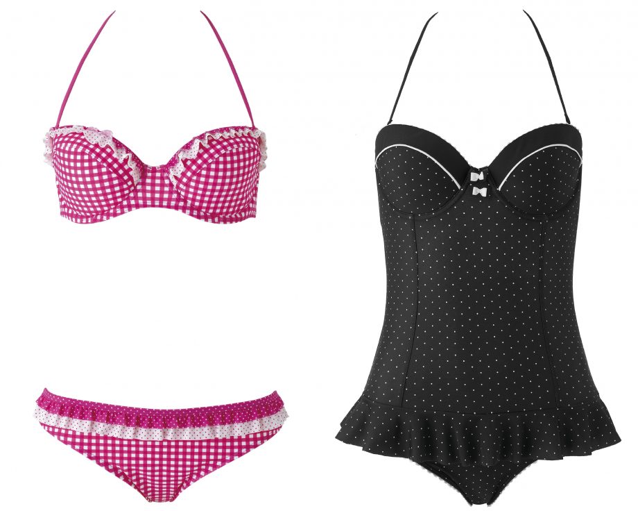 A signature gingham bikini and polka dot swimsuit from Kelly Brook's collection for high street store New Look