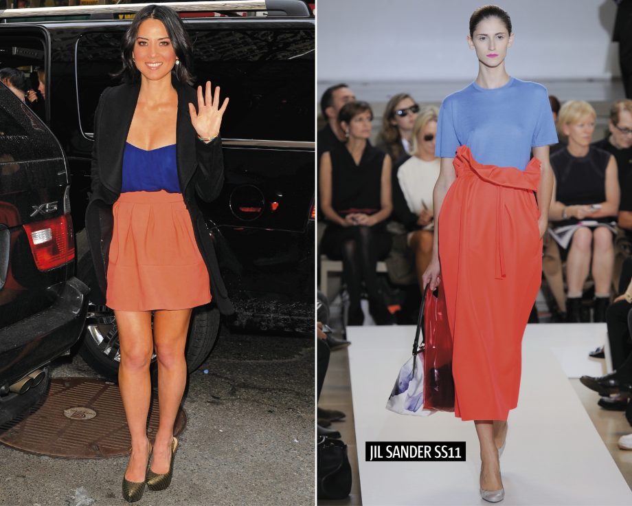 Olivia Munn arriving at the today show in New York, left, a model on the SS/11 Jil Sander catwalk