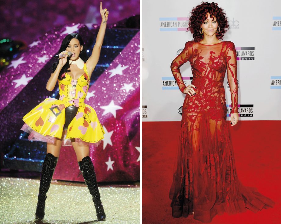 Peoples Choice Awards 2011 nominees Katy Perry performing on stage and Rihanna wearing a red lace dress on the red carpet