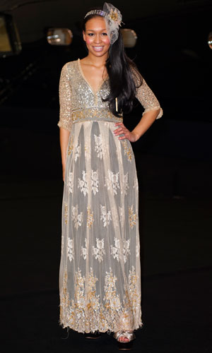 Rebecca Ferguson wearing a lace vintage style maxi dress at the London International Boat Show