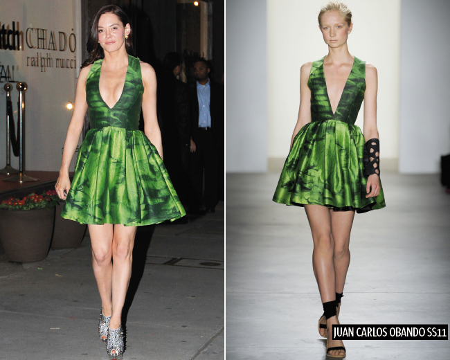 Rose McGowan out in LA, left, a model in the same dess on the SS/11 Juan Carlos Obando catwalk