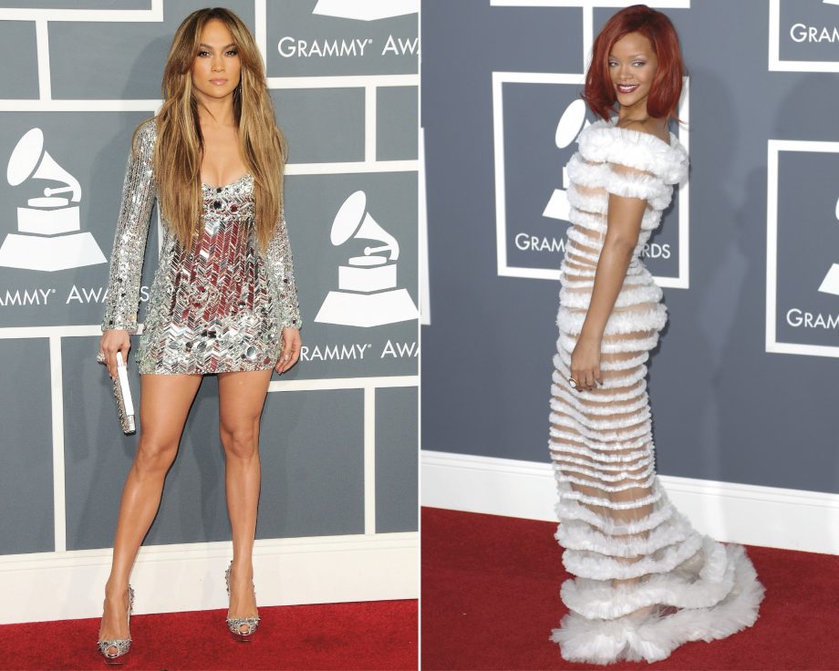 Jennifer Lopez in Emilio Pucci and Rihanna in Jean Paul Gaultier on the red carpet at the 2011 Grammy Awards