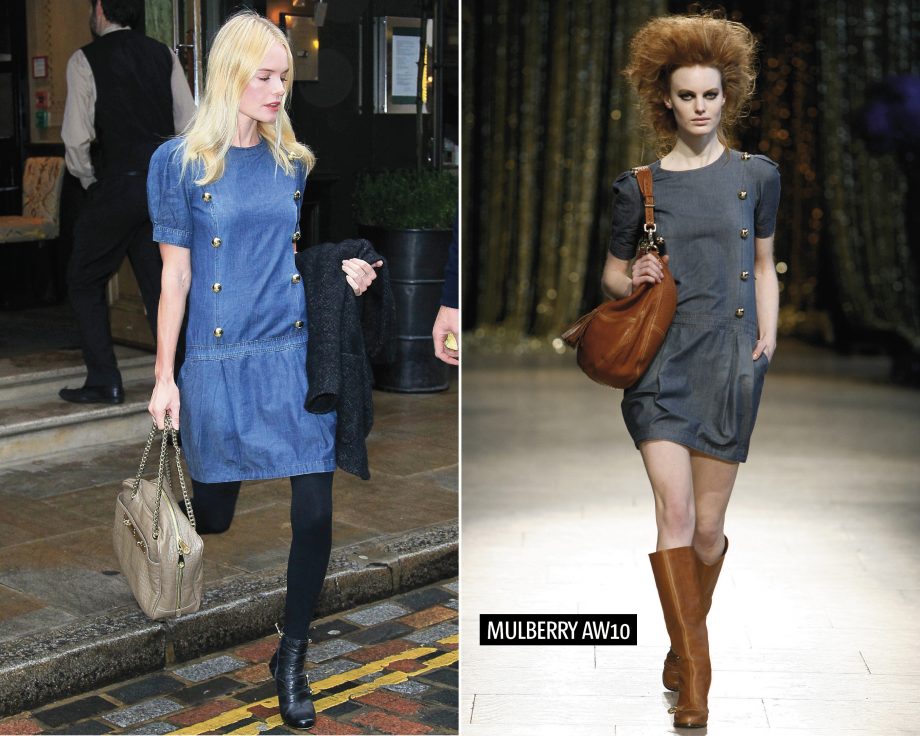 Kate Bosworth wearing a Mulberry dress and boots in London, left, a model wearing the same dress on the Mulberry AW10 catwalk, left