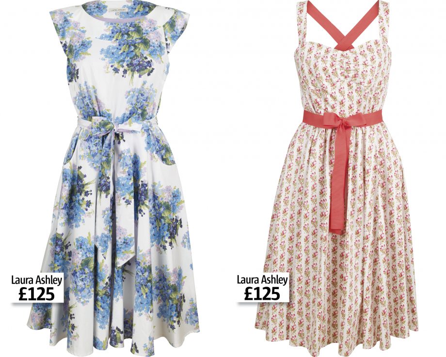 A blue floral dress and pink belted sundress from the Laura Ashley spring/summer 2011 archive prints collection