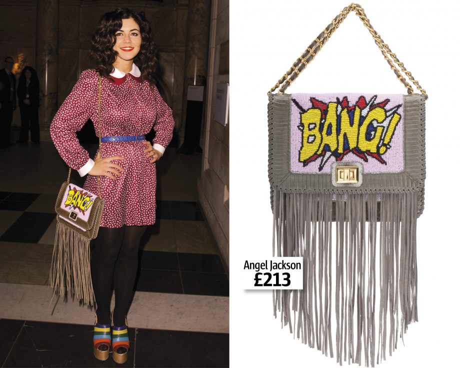 Marina Diamandis carrying a Pop Art inspired 'Bang!' bag by Angel Jackson