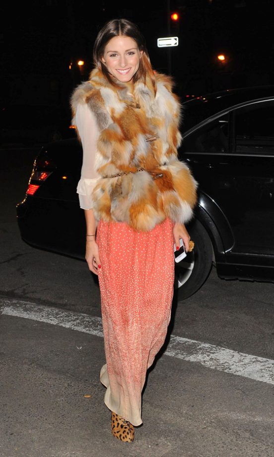Olivia Palermo Works The '70s Trend In A Maxi Skirt And Fur Gilet, 2011