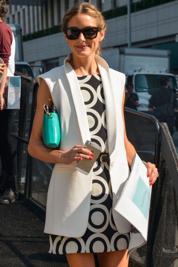 Olivia Palermo Goes For A Monochrome Geometric Patterned Dress During New York Fashion Week, 2014