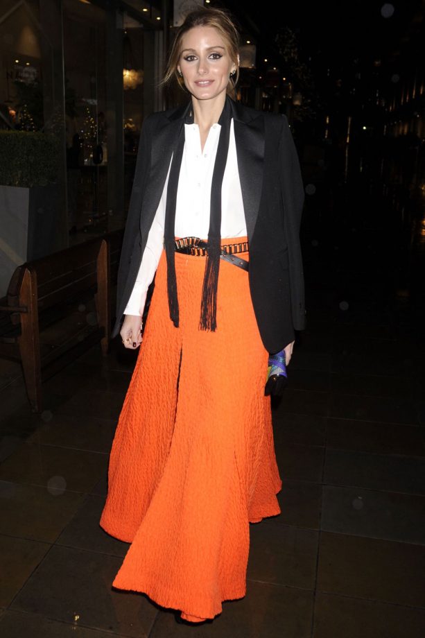 Olivia Palermo Parties In A Bright Orange Floaty Skirt At An Event In London, 2014